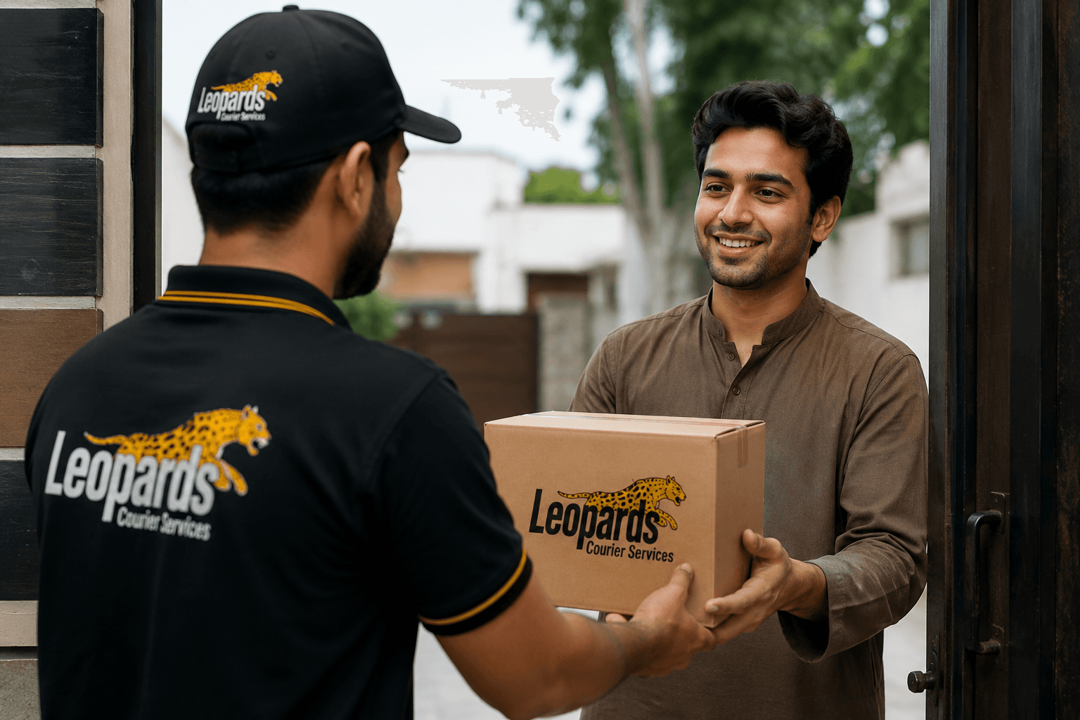 Leopards Courier rider handing a parcel to a customer at the door