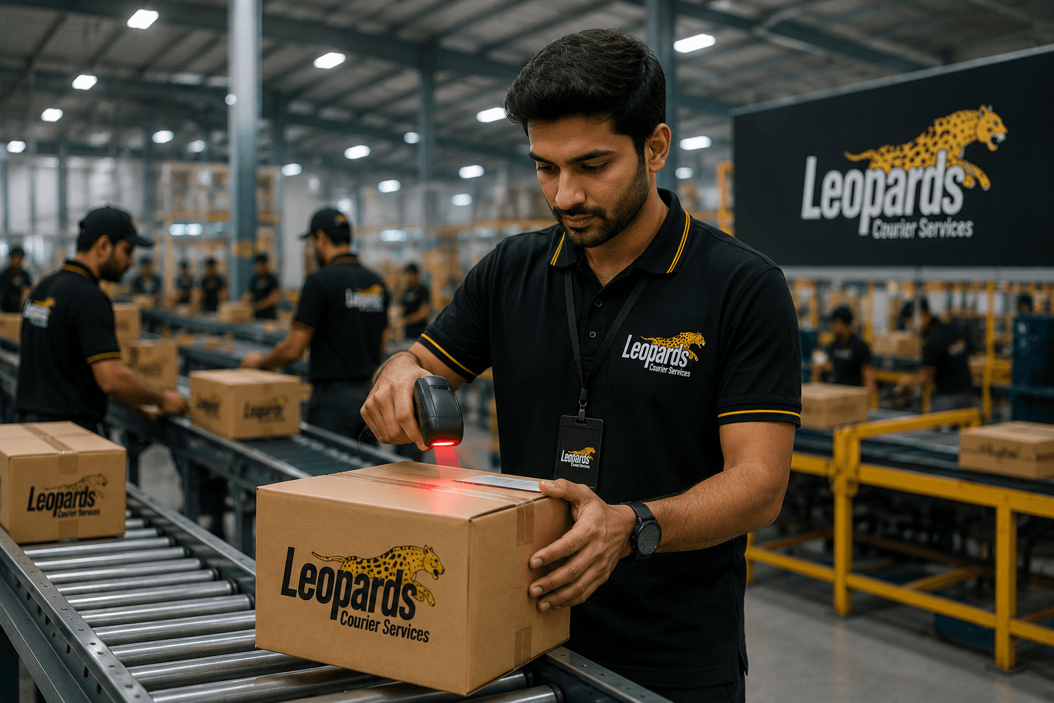 Leopards Courier warehouse staff scanning parcels on a conveyor belt